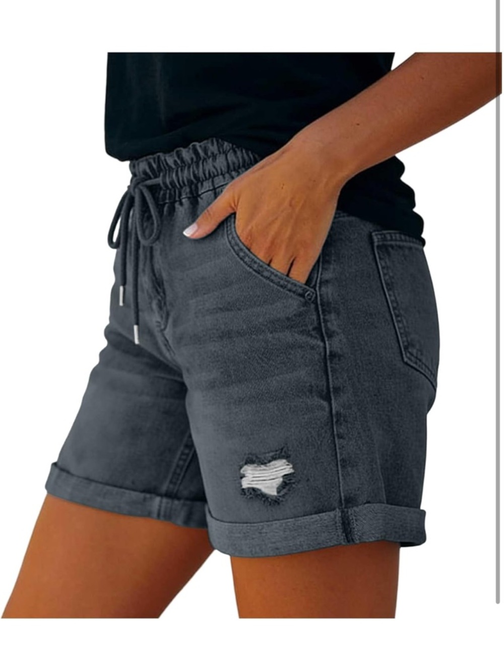 Gray Denim Drawstring Shorts - Picture 3 of 6